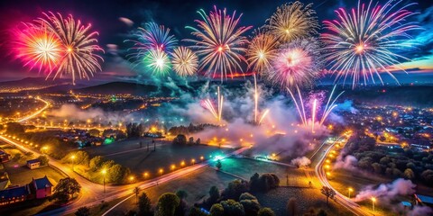 Poster - Aerial Drone Shot of Vibrant Multicolored Fireworks Exploding at Night