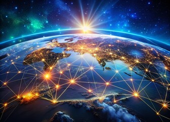 Poster - Aerial Drone Shot: Global Network, Illuminated Digital World Map