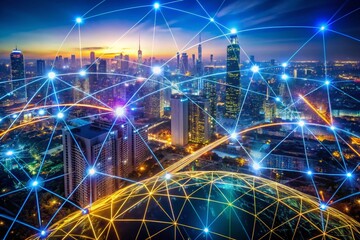 Poster - Aerial Drone Shot: Glowing Network Data Flow, Digital Transformation, Futuristic Connectivity