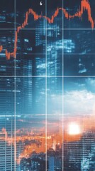 Poster - Urban skyline with financial data overlay at sunset