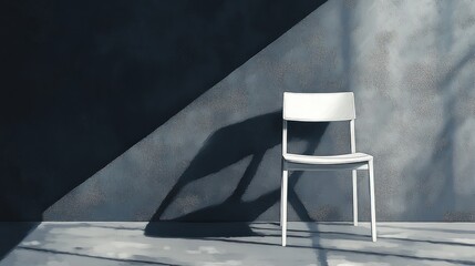 Poster - a minimalist portrayal of a white chair bathed in sunlight casting a shadow against a textured gray wall creating a tranquil and contemplative space