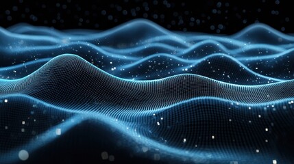 Poster - abstract depiction of digital landscape with glowing particles simulating advanced network connections and technological advancement in virtual reality