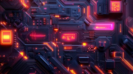 Poster - intricate futuristic circuit board design showcasing advanced technological components and neon lighting effects with a dark and complex arrangement