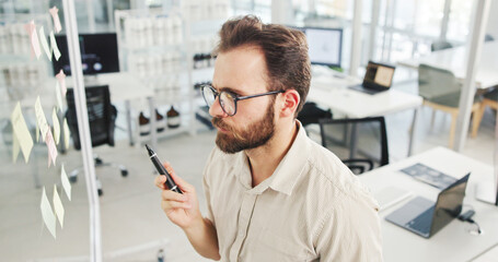 Aufkleber - Business, glass wall and man with creativity, decision and planning with ideas for proposal. Person, sticky notes o sales consultant with contemplation, problem solving and brainstorming for project