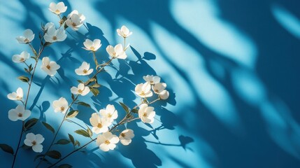 Poster - floral springtime serenity a canvas of white dogwood blossoms and dappled shadows dances across a vibrant azure backdrop evoking peacefulness
