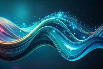 Poster - Abstract Teal & Blue 3D Digital Waves with Bokeh Background - Tech Design