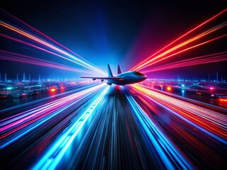 Poster - Abstract Red & Royal Blue Neon Glowing Airplane Blur - 4K Landscape
