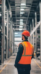 Poster - Worker in Safety Gear Observing Warehouse Operations