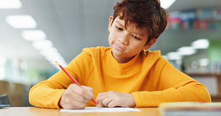 Poster - Thinking, learning and kid writing on paper for exam, test or problem solving for knowledge in class. Pencil, boy or student at school for education, development or study for assessment with solution