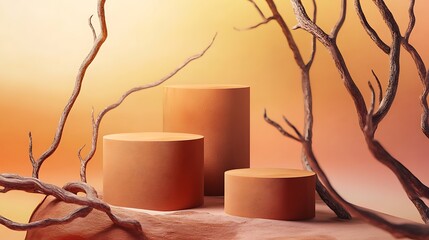 Poster - Three cylindrical terracotta pedestals positioned in a warm, gradient background with soft peach and orange hues, surrounded by delicate, bare branches, creating a serene and minimalist atmosphere