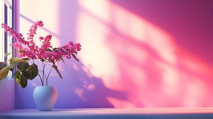 Poster - A tranquil indoor scene featuring a white vase filled with pink flowers on a sunlit windowsill against a softly colored wall