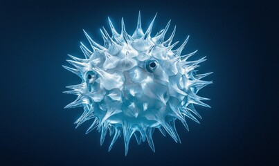Poster - A striking computer rendering of a spiky white sphere hovers against a deep blue backdrop.