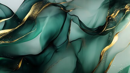 Fototapete - An abstract composition featuring flowing, translucent waves of teal and soft green, accentuated by fine gold lines and sparkles, creating a serene and luxurious atmosphere