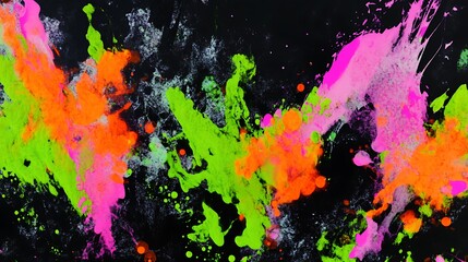 Fototapete - Vibrant abstract artwork featuring dynamic splashes of neon colors like pink, orange, and green against a deep black background, creating an energetic and lively atmosphere