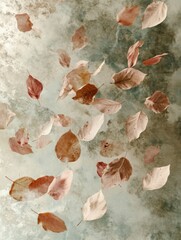 Poster - Floating leaves drift through soft clouds in a tranquil space, embodying natures rhythm in relaxing neutral tones for a serene atmosphere