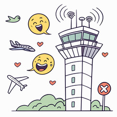 Wall Mural - Cartoon airport tower emoji communicating with flying emojis