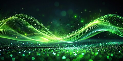 Poster - Abstract Green Particle Wave Silhouette - Dark Background Stock Photo
