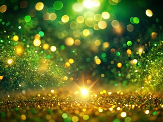 Poster - Abstract Golden Light Particles Shimmering on Green Screen Background - Bokeh Glitter Sparkle Festive Stock Photo