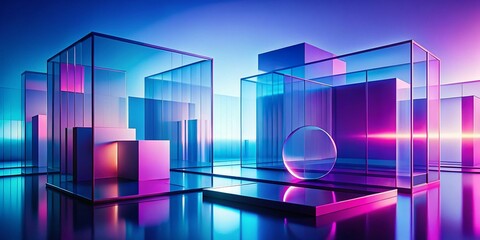 Poster - Abstract Geometric Violet Blue Glass Architecture 3D Render Background