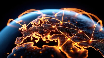 Poster - a digital globe shows connections over europe, representing global communication networks.