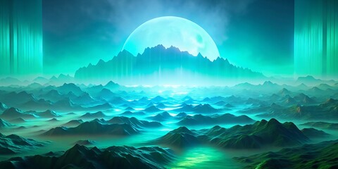 Poster - Abstract Digital Landscape: Misty Blue and Green Haze - Stock Photo