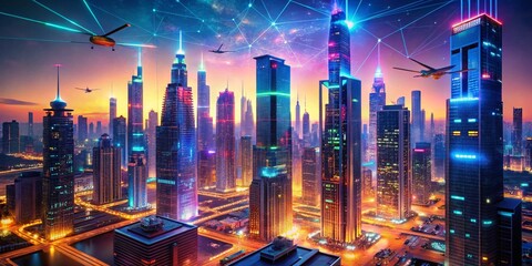 Poster - Abstract Digital Cityscape: Aerial View of Futuristic Metropolis