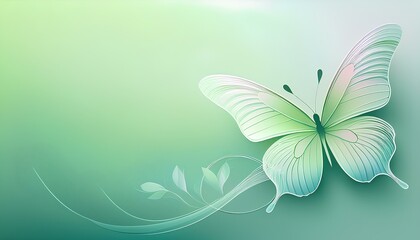 Fototapete - Minimalist pastel green background with illustration butterfly. copy space image.