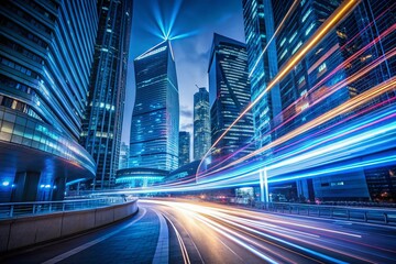 Poster - Abstract Blue Light Trails Cityscape Timelapse - Architectural Photography