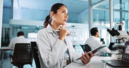Aufkleber - Clipboard, science and thinking with woman in laboratory for healthcare, medical or pharmaceutical innovation. Laptop, microscope and problem solving with scientist in clinical trial for development