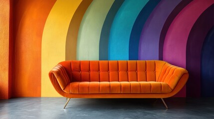 Poster - vibrant orange velvet sofa against a bold rainbow arch wall bringing a retro style to life with colorful harmony and design brilliance