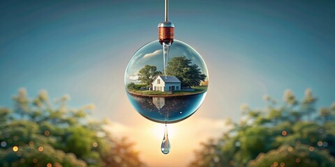 Poster - 180-Degree Inverted Water Drop Falling from Syringe Needle with Sky, Tree, and House Reflections