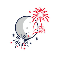 Poster - Celestial Fireworks: A captivating illustration showcases a radiant crescent moon adorned with sparkling stars and vibrant fireworks, embodying themes of celebration and joy.