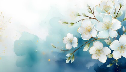 Poster - cherry blossom on green background in watercolor illustration. copy space image.