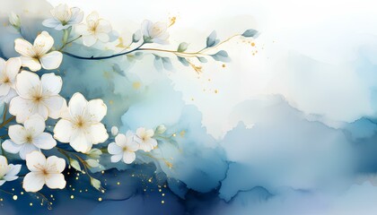 Poster - cherry blossom on green background in watercolor illustration. copy space image.