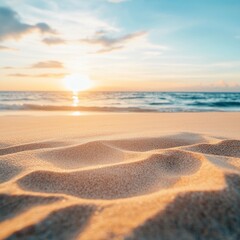 Wall Mural - serene golden beach at sunrise, soft sand ripples creating mesmerizing textures with warm sunlight c