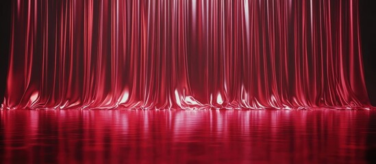 Poster - elegant backdrop of flowing crimson silk curtains with subtle lighting and a glossy reflective floor creating a luxurious and captivating scene