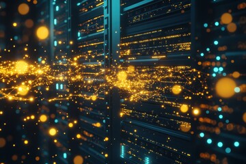 Poster - Data flow in a modern server room illuminated by vibrant light patterns at night