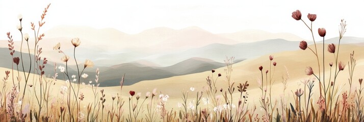 Poster - Rolling hills adorned with tiny flowers in muted earth tones capture the essence of tranquility and natural beauty in Lapki spirit