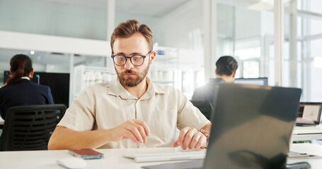 Aufkleber - Thinking, office and business man with laptop for insight, reflection or planning for software development. Programmer coding, creative and idea for app, problem solving or inspiration for web design