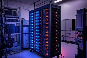Poster - Data center with illuminated server racks during nighttime operations