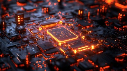 Poster - intricate motherboard landscape with glowing circuit pathways illuminating the complex world of modern computer technology and digital innovation