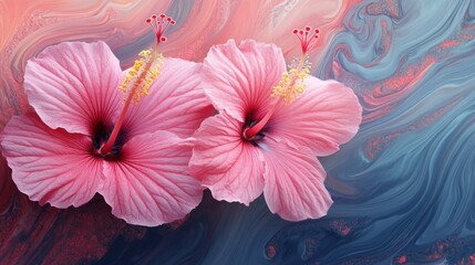Poster - delicate hibiscus blossoms in soft pink hues against a swirling backdrop of pastel colors creating a serene and dreamy botanical scene