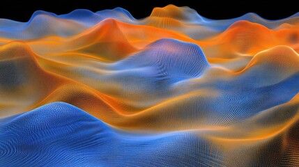 Poster - Abstract digital landscape of undulating orange and blue lines.