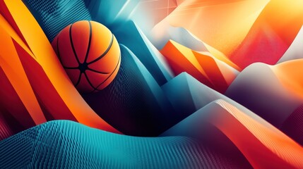 Fototapete - a dynamic basketball still life amidst layered abstract planes in blue orange and white creating a futuristic athletic concept art display