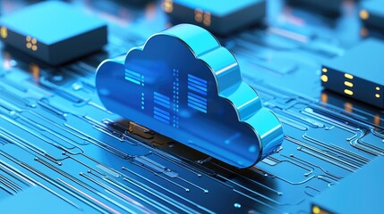Poster - Blue 3D cloud icon integrated into a futuristic circuit board, representing cloud computing, data processing, and digital infrastructure, ideal for tech and IT visual content