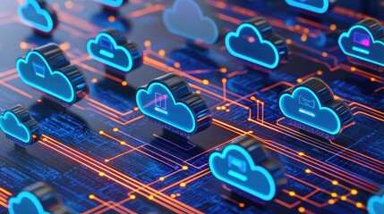 Poster - Glowing 3D cloud icons linked by neon circuits over a digital grid, symbolizing cloud computing, data flow, and smart technology—ideal for IT, SaaS, and digital transformation visuals