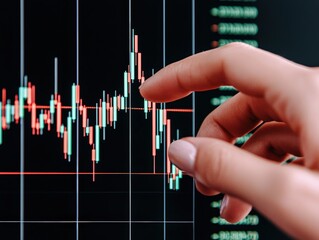 Poster - Hand interacting with stock market app displaying candlestick chart showing significant downward trend in financial investment and trading analysis close-up view