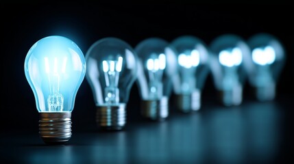 Poster - Bright light bulbs shining in a row against a dark background showcasing innovation and creativity in design