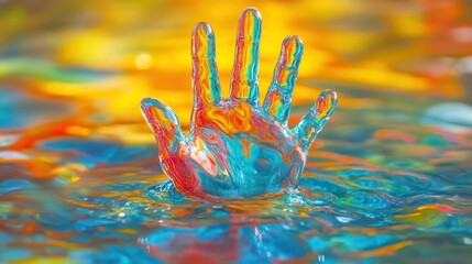 Poster - fluid hand reaching out in a vibrant liquid multicolored background suggesting connection creativity and the beauty of abstract forms