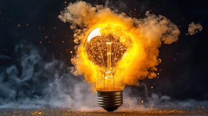 Poster - a luminous lightbulb radiating with creative energy surrounded by a swirling aura of fiery smoke symbolizing innovation and ingenuity